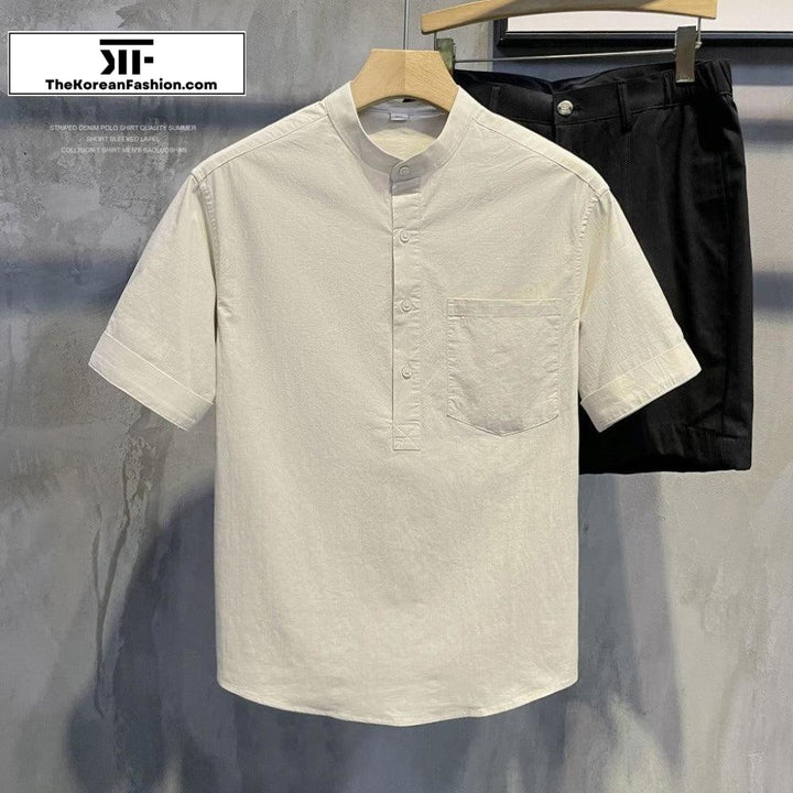 Breathable Cotton Linen Stand Collar Shirt