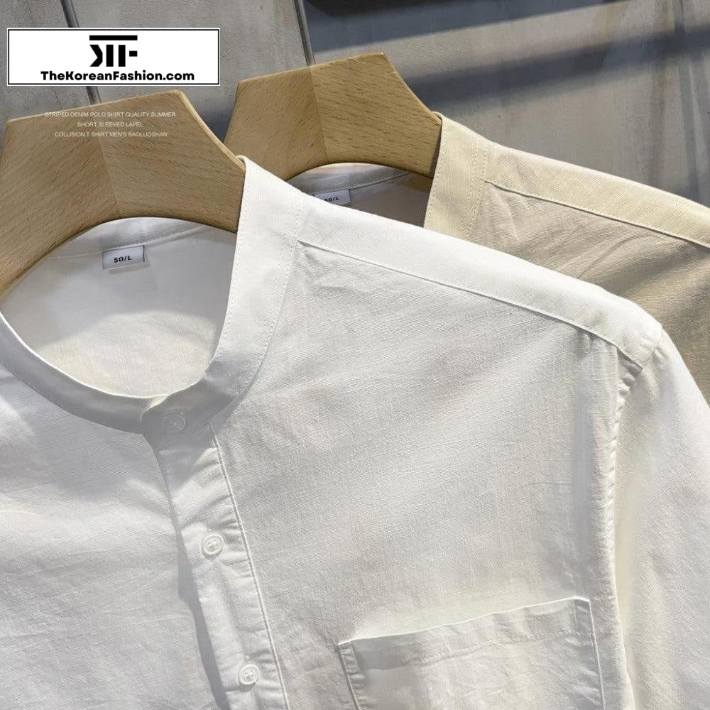 Breathable Cotton Linen Stand Collar Shirt