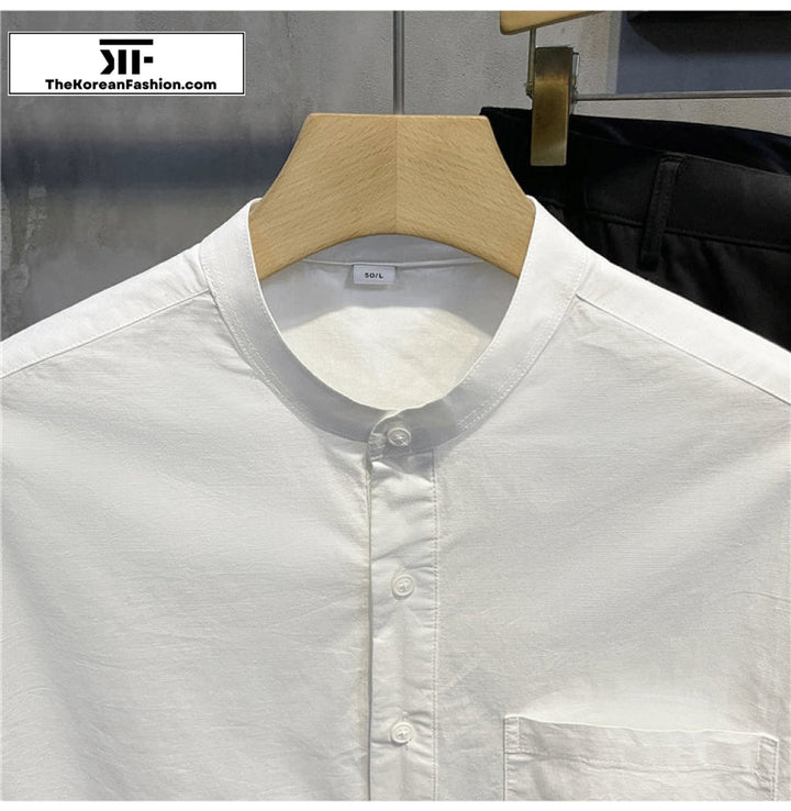 Breathable Cotton Linen Stand Collar Shirt