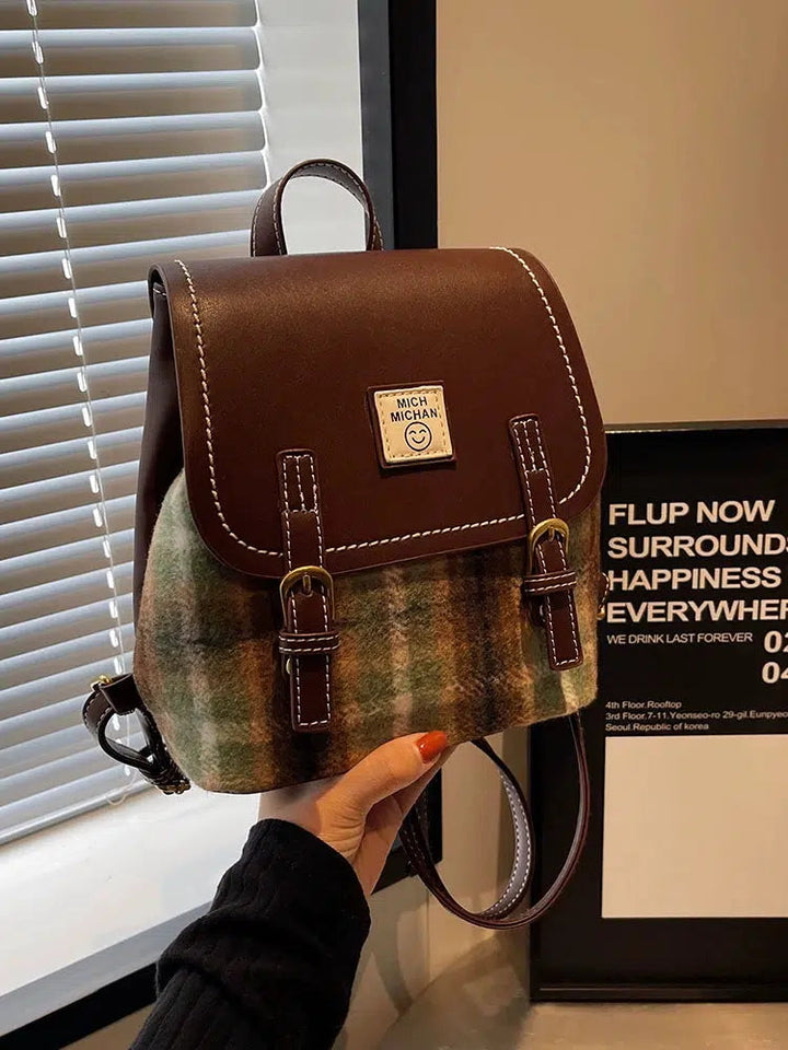 Buckle Straps Plaid Accent Backpack