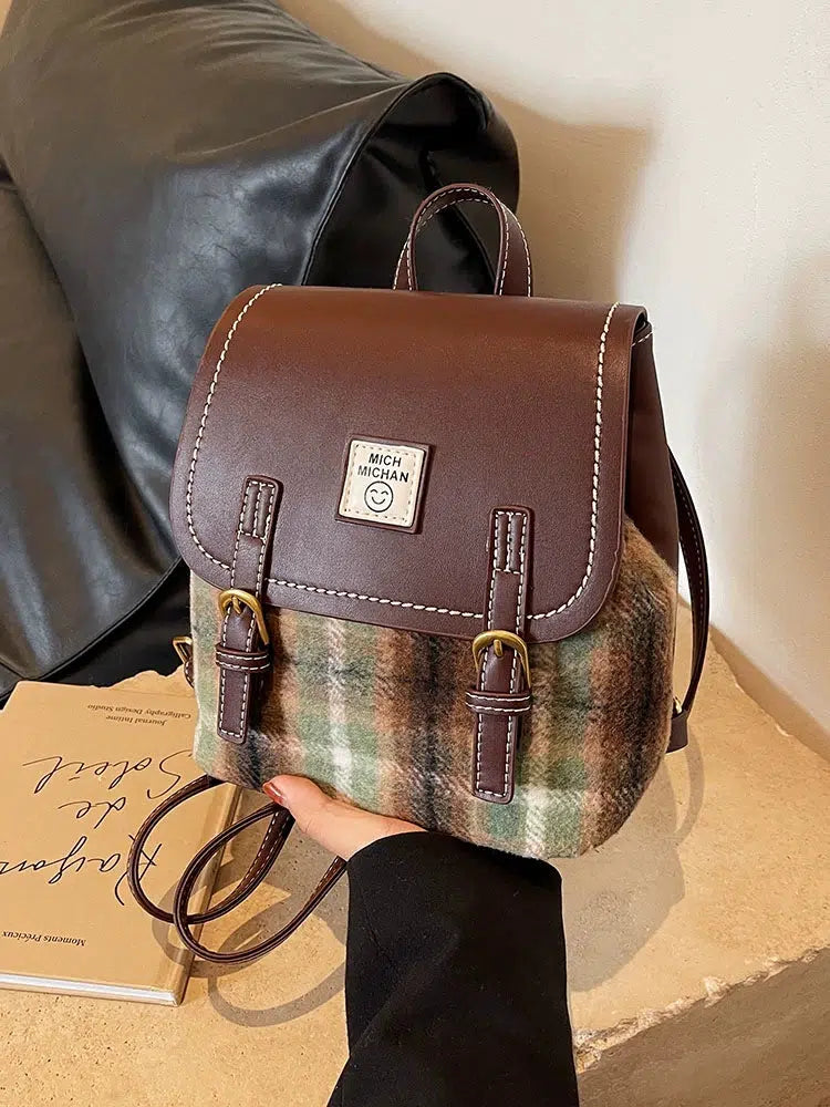 Buckle Straps Plaid Accent Backpack