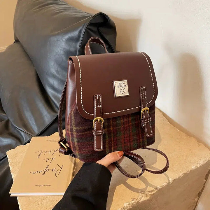 Buckle Straps Plaid Accent Backpack