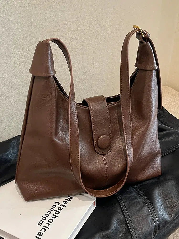 Button Closure Leather Shoulder Bag