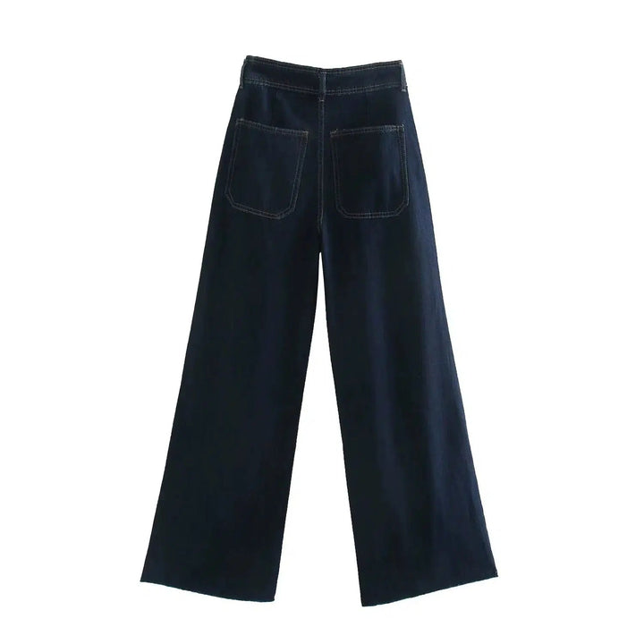 Button Closure Wide-Leg Denim Pants