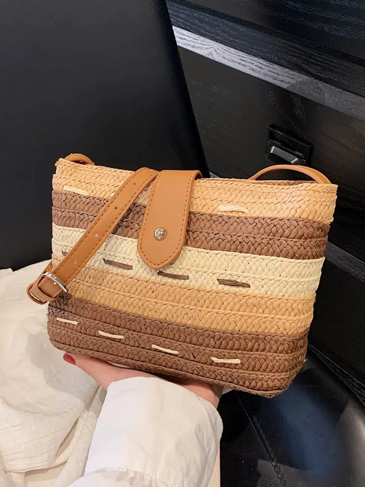 Button Closure Woven Straw Bucket Bag