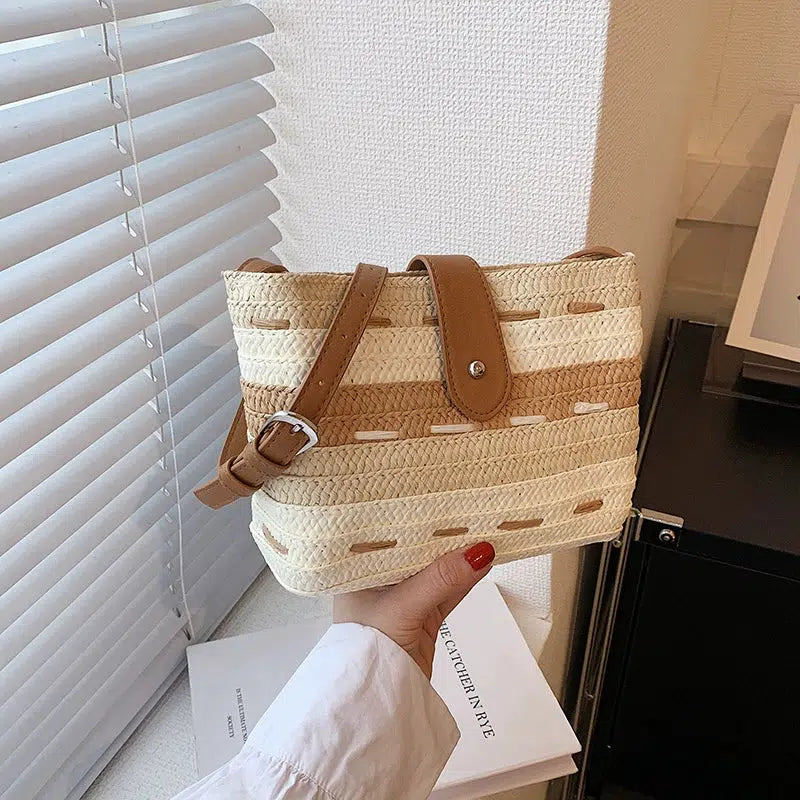 Button Closure Woven Straw Bucket Bag