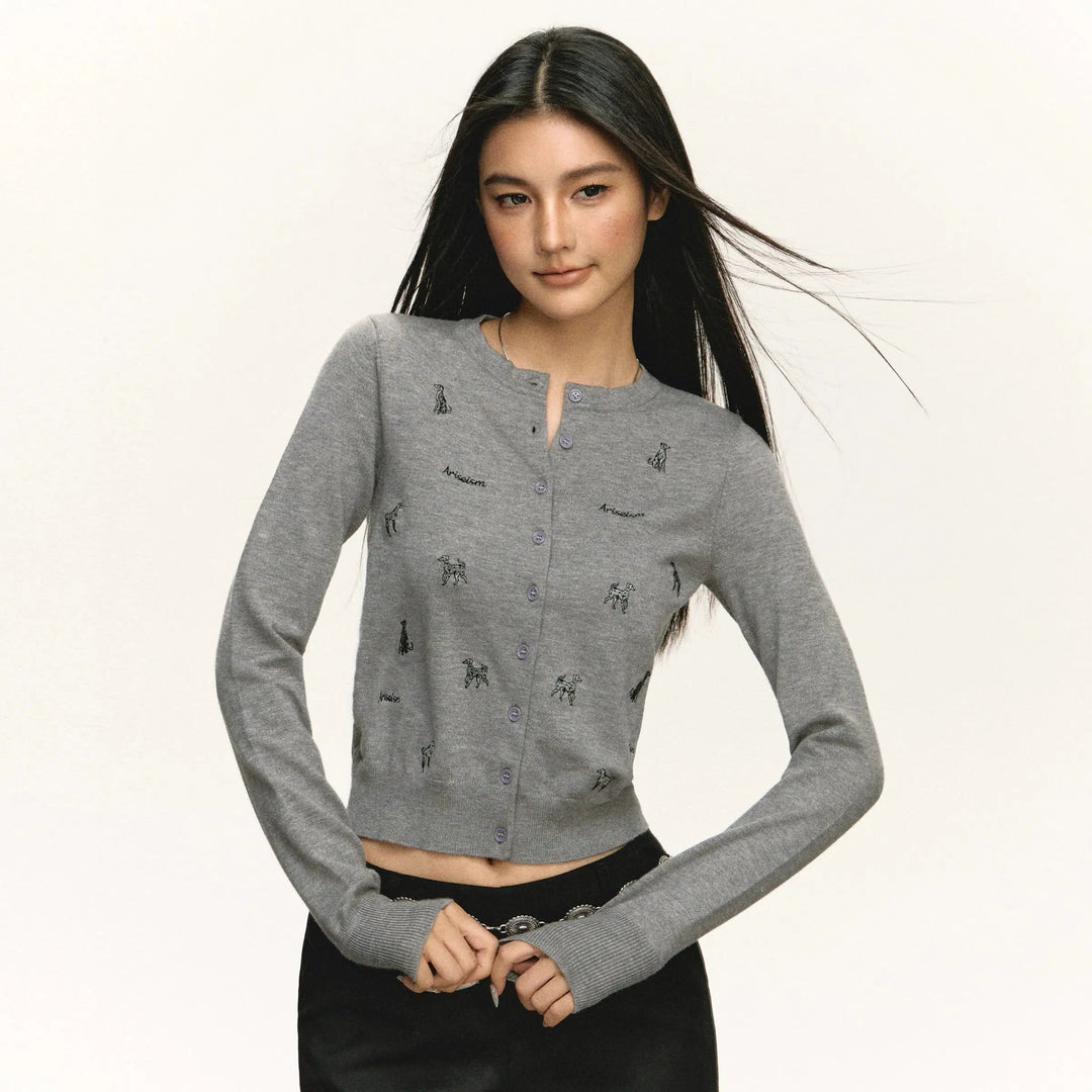 Button Front Embroidered Knit Sweater