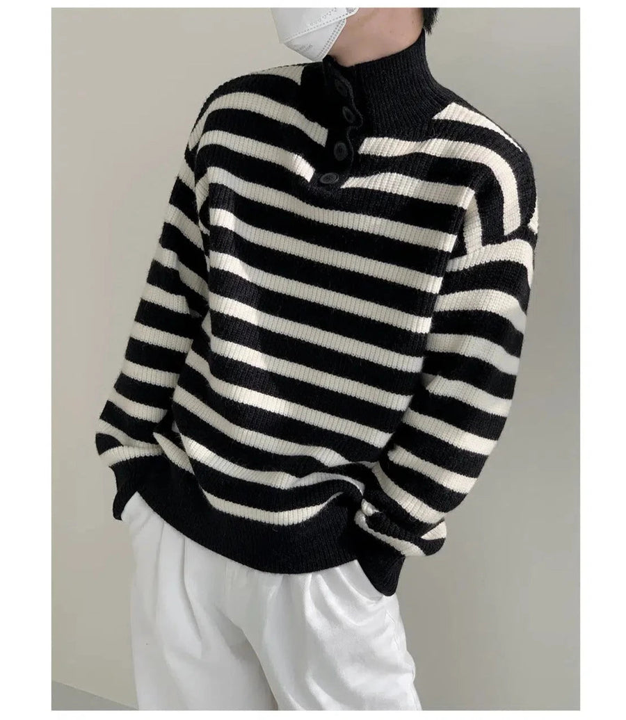 Button Stand Collar Striped Sweater