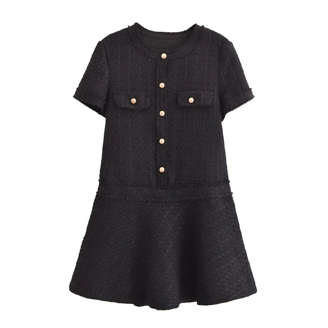 Button-Up Short Sleeve Tweed Dress