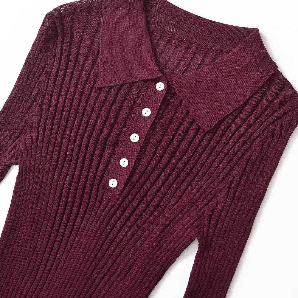 Buttons Ribbed Collared Knit Top