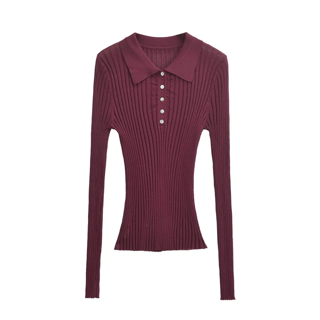 Buttons Ribbed Collared Knit Top