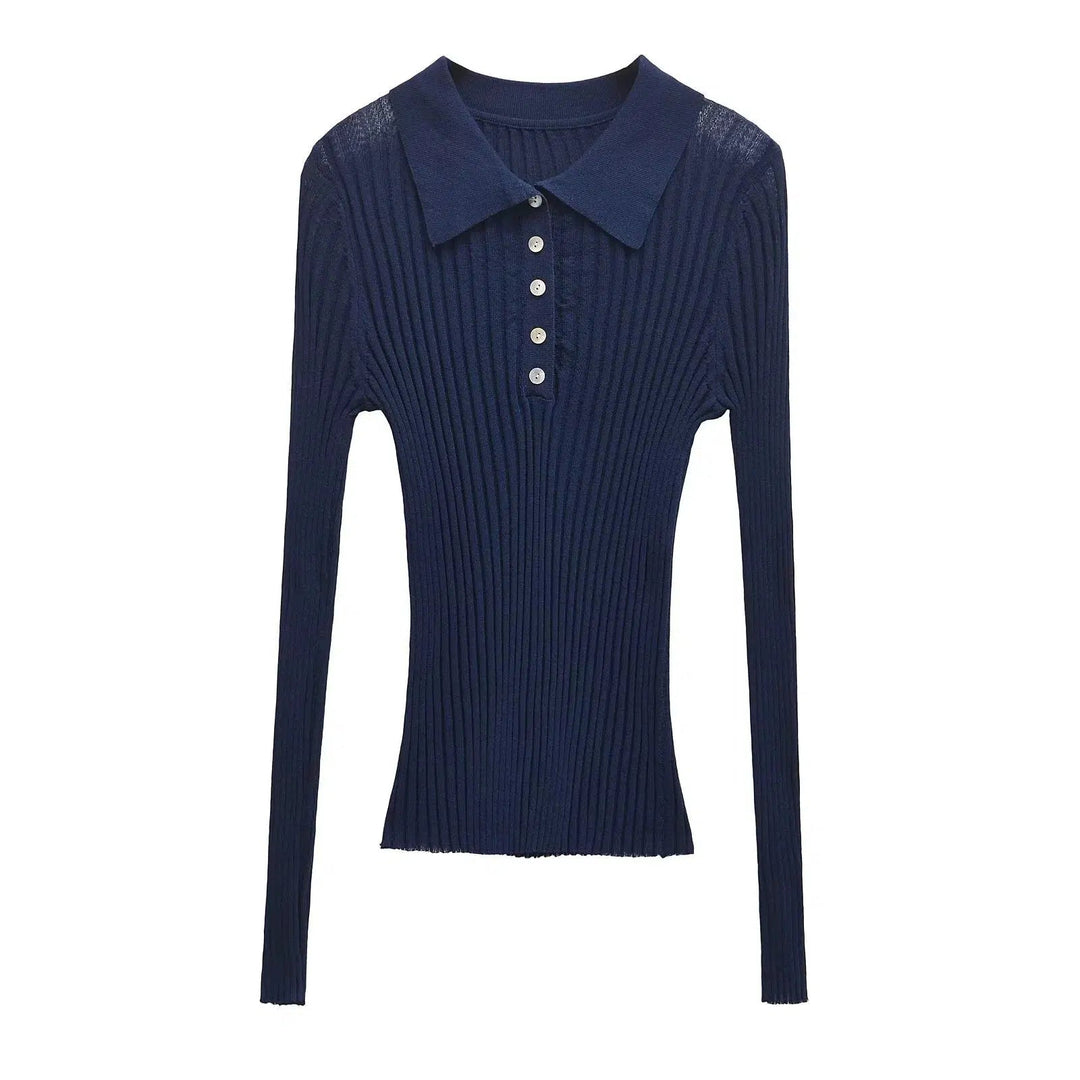 Buttons Ribbed Collared Knit Top