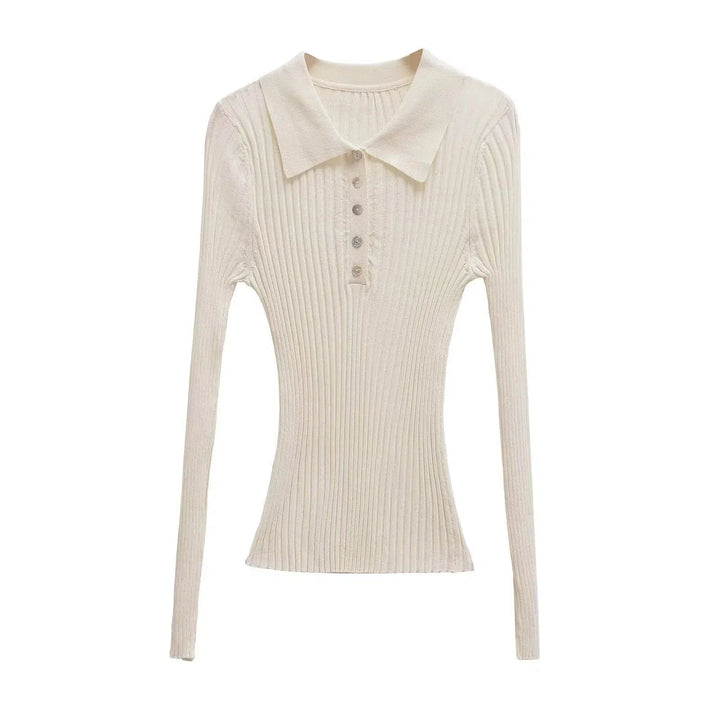 Buttons Ribbed Collared Knit Top