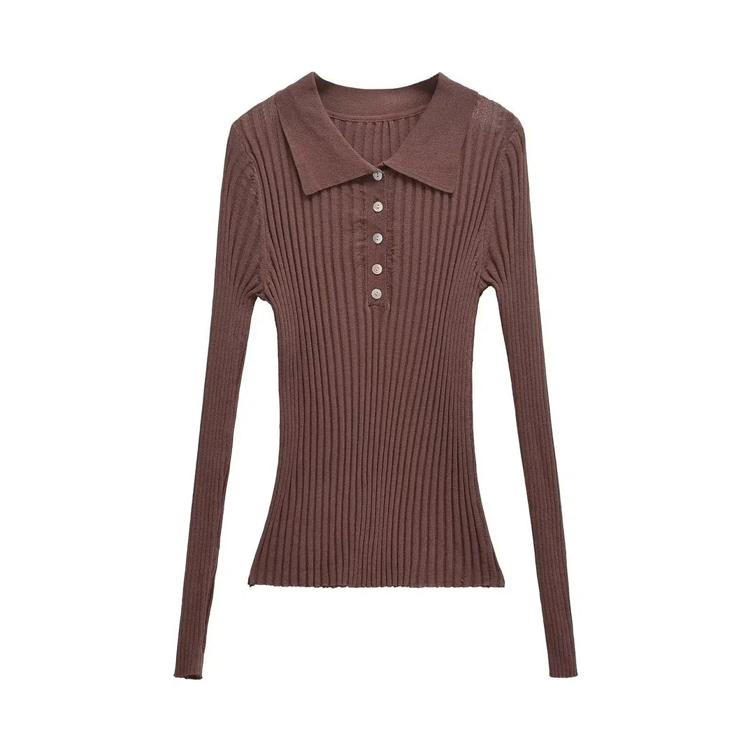 Buttons Ribbed Collared Knit Top