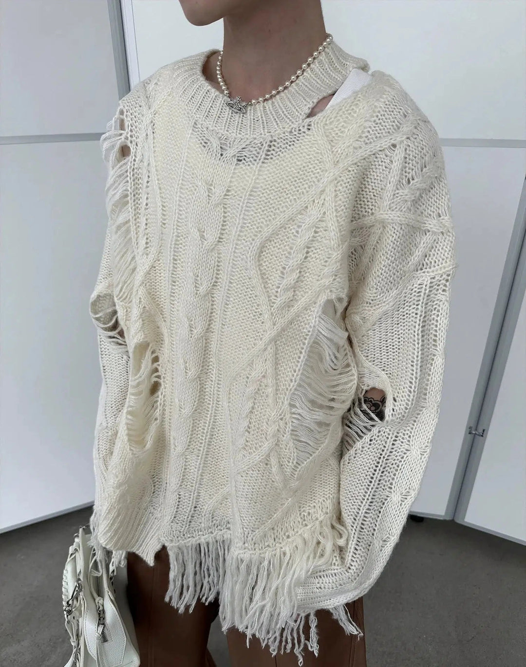 Cable Knit Distressed Sweater