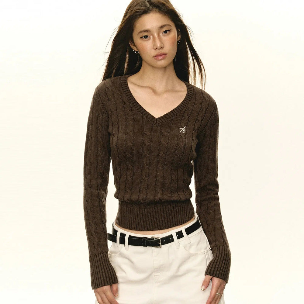 Cable Knit V-Neck Pullover Sweater with Signature Embroidery