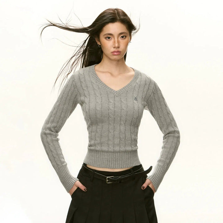 Cable Knit V-Neck Pullover Sweater with Signature Embroidery