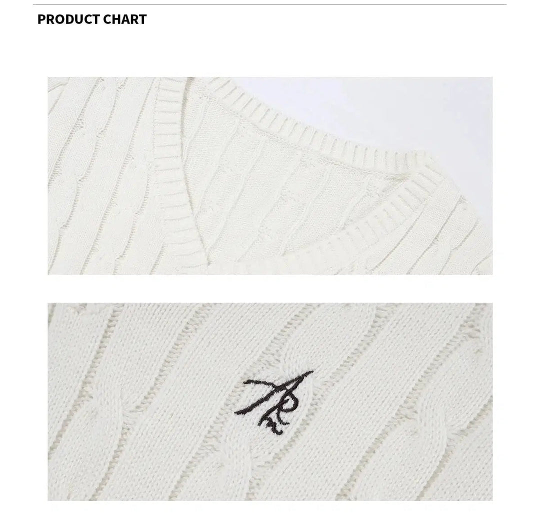 Cable Knit V-Neck Pullover Sweater with Signature Embroidery