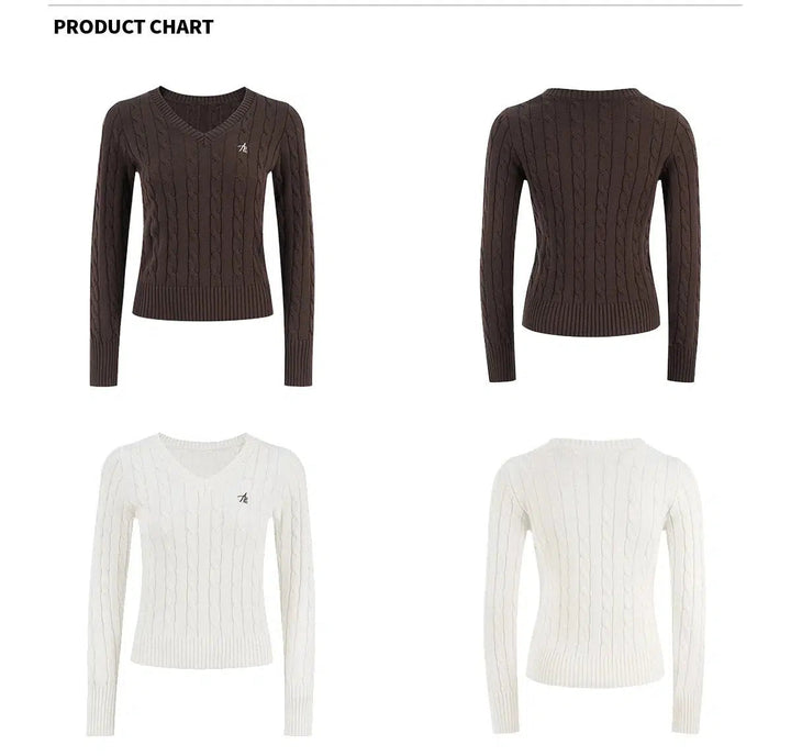 Cable Knit V-Neck Pullover Sweater with Signature Embroidery