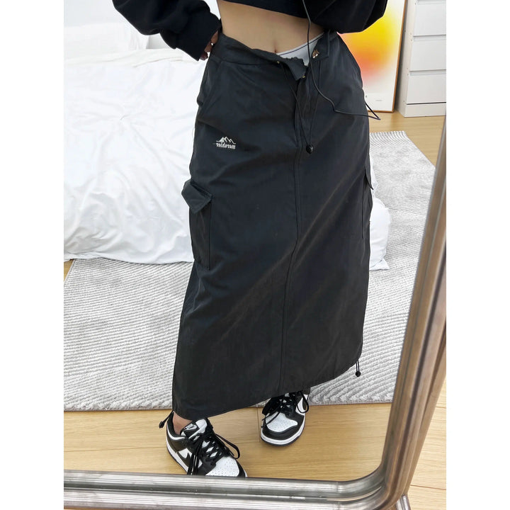 Drawstring Waist Cargo Maxi Skirt