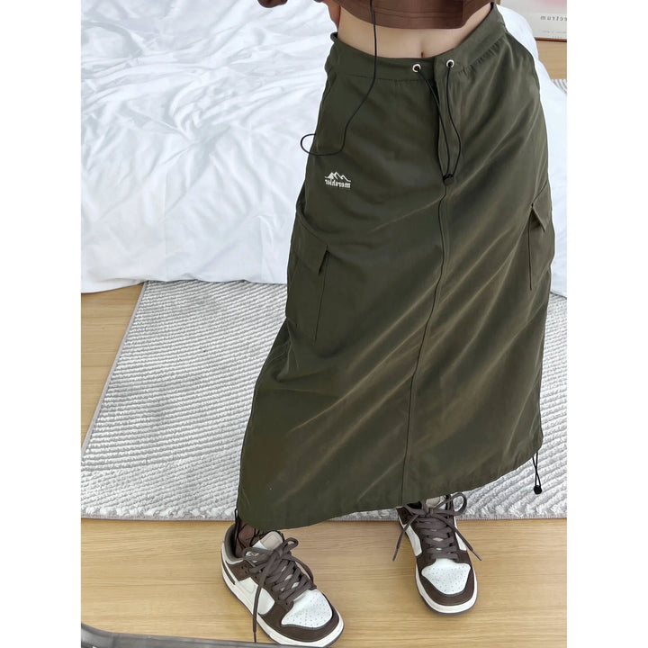 Drawstring Waist Cargo Maxi Skirt