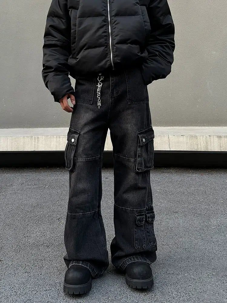 Straight Leg Denim Cargo Pants