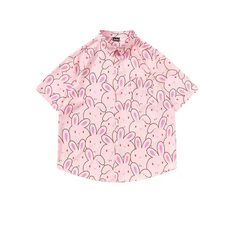 Cartoon Bunny Print Short Sleeve Button-Up Shirt