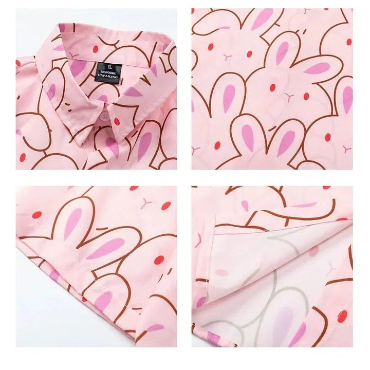 Cartoon Bunny Print Short Sleeve Button-Up Shirt