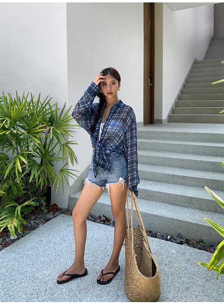 Casual Beach Plaid Button-Up Shirt