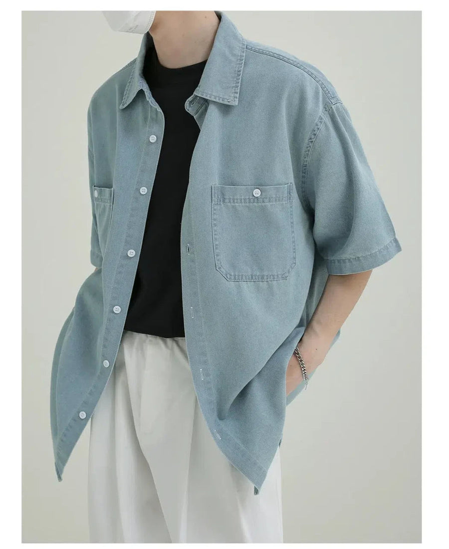 Casual Denim Button-down Shirt with Pockets