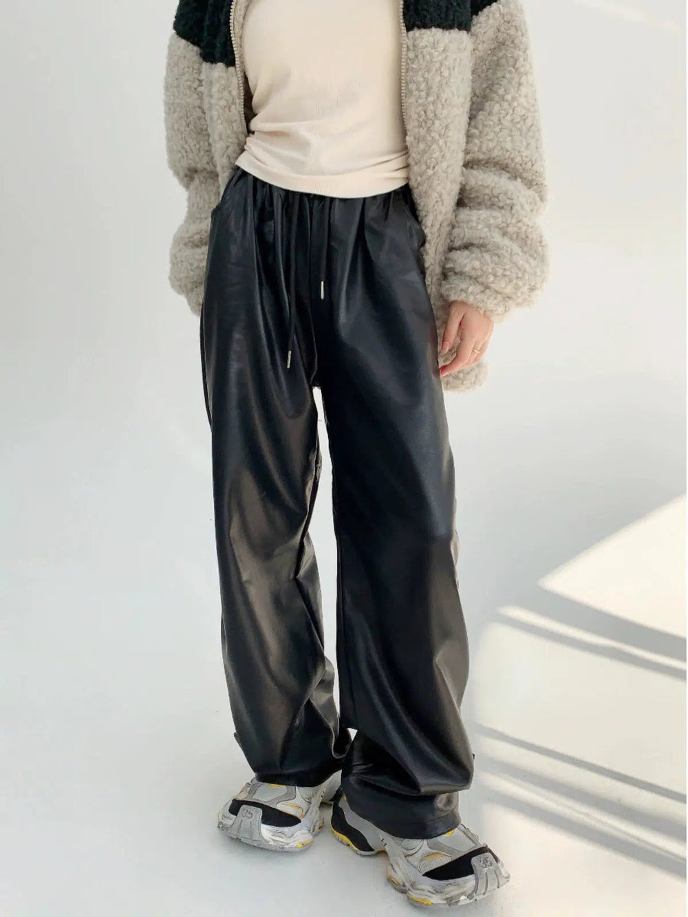 Casual Faux Leather Wide-Leg Pants