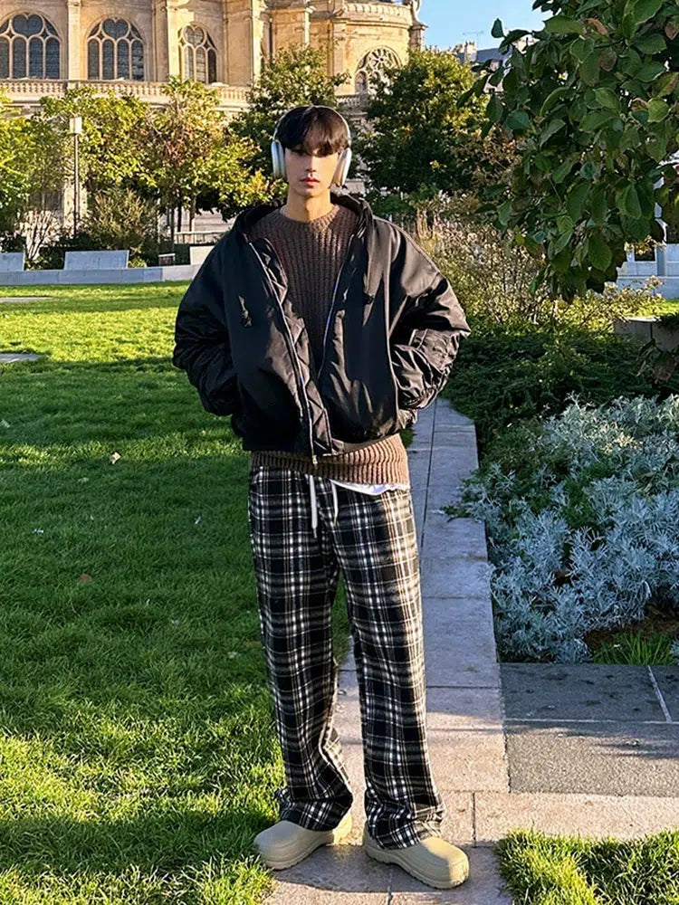 Casual Fit Drawstring Plaid Pants