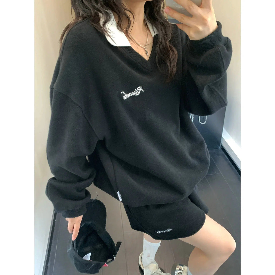 Embroidery V-neck Long Sweatshirt Shorts Set