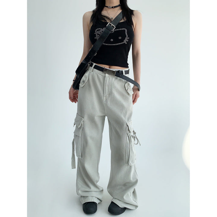 Washed Distressed Wide-Leg Cargo Pants