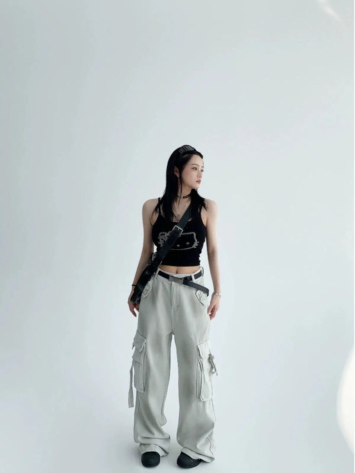 Washed Distressed Wide-Leg Cargo Pants