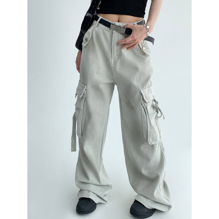 Washed Distressed Wide-Leg Cargo Pants