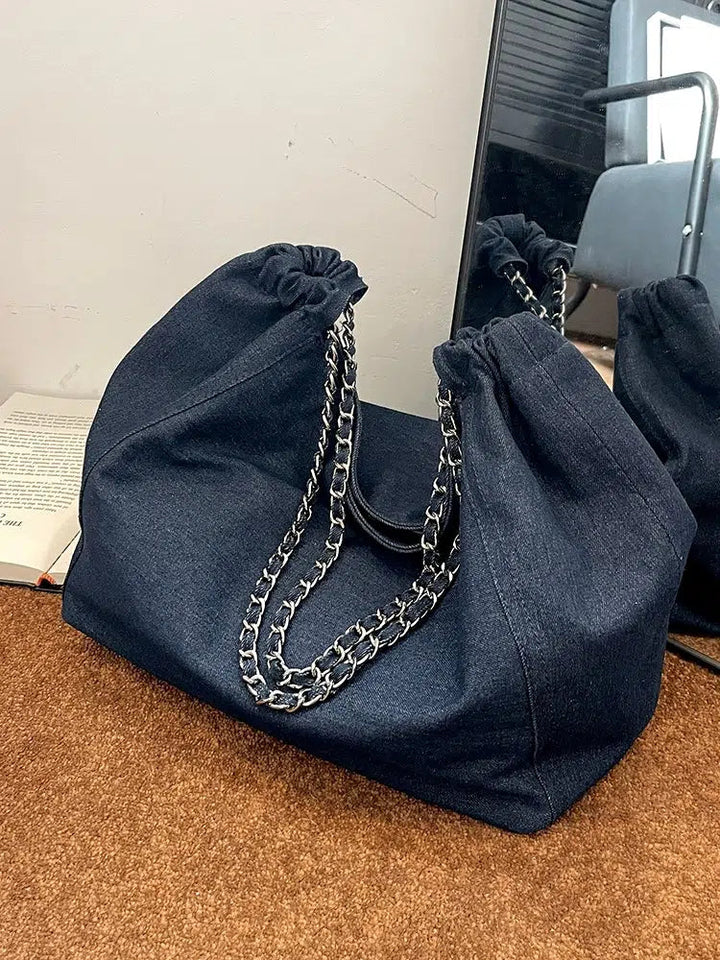 Chain Strap Denim Bucket Bag