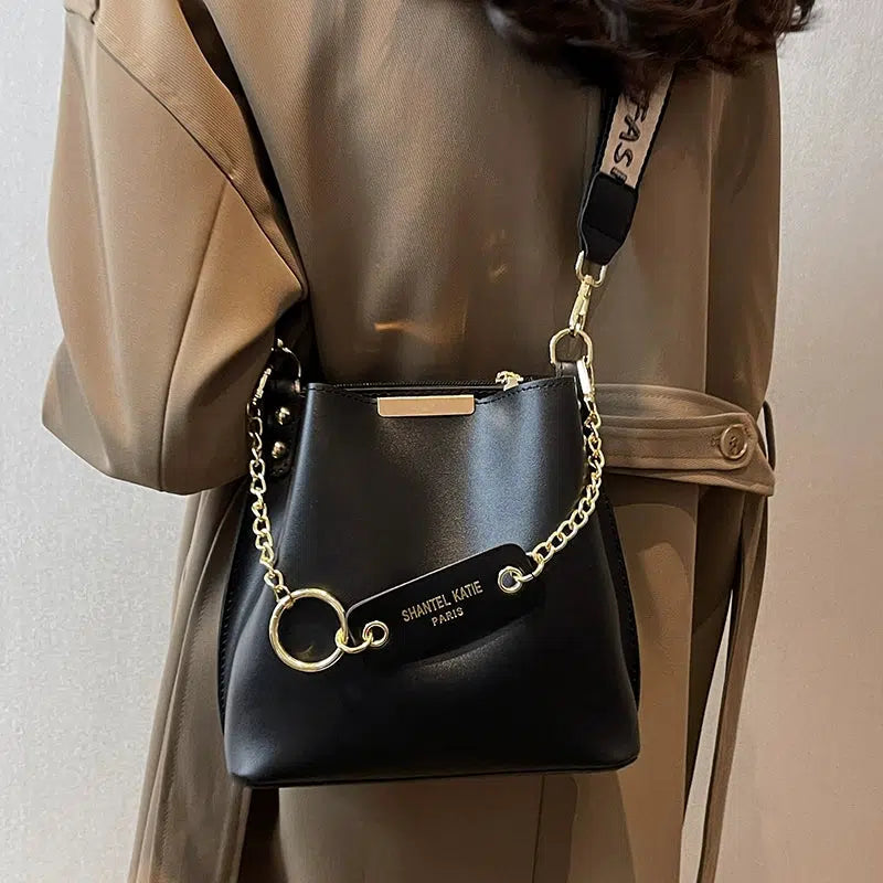 Chain Strap Leather Bucket Bag