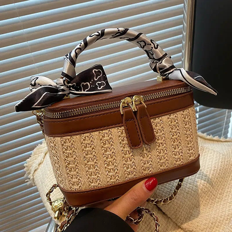 Chain Strap Woven Leather Bucket Bag