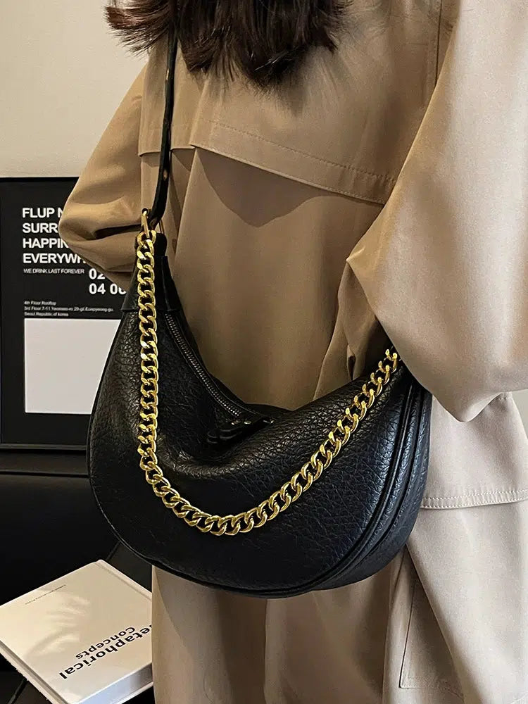 Chain Strap Zipper Crescent Bag