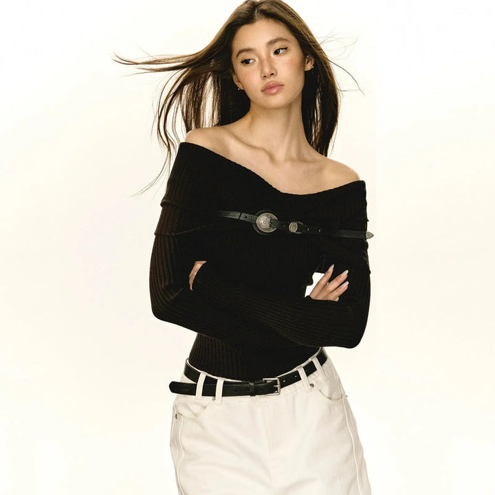 Chic Off-Shoulder Knit Top with Belted Waist