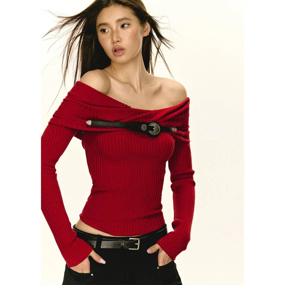 Chic Off-Shoulder Knit Top with Belted Waist