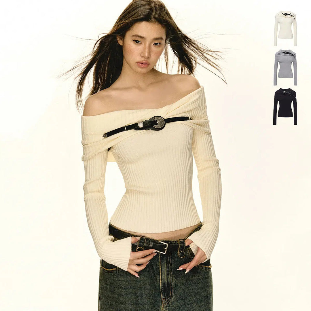 Chic Off-Shoulder Knit Top with Belted Waist