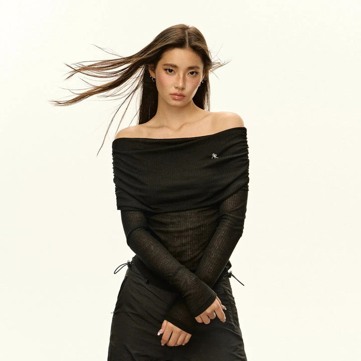 Chic Off-Shoulder Ribbed Knit Pullover with Embroidered Detail