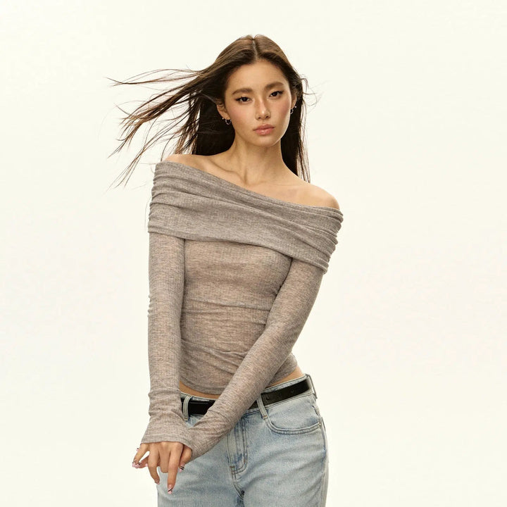 Chic Off-Shoulder Ribbed Knit Pullover with Embroidered Detail