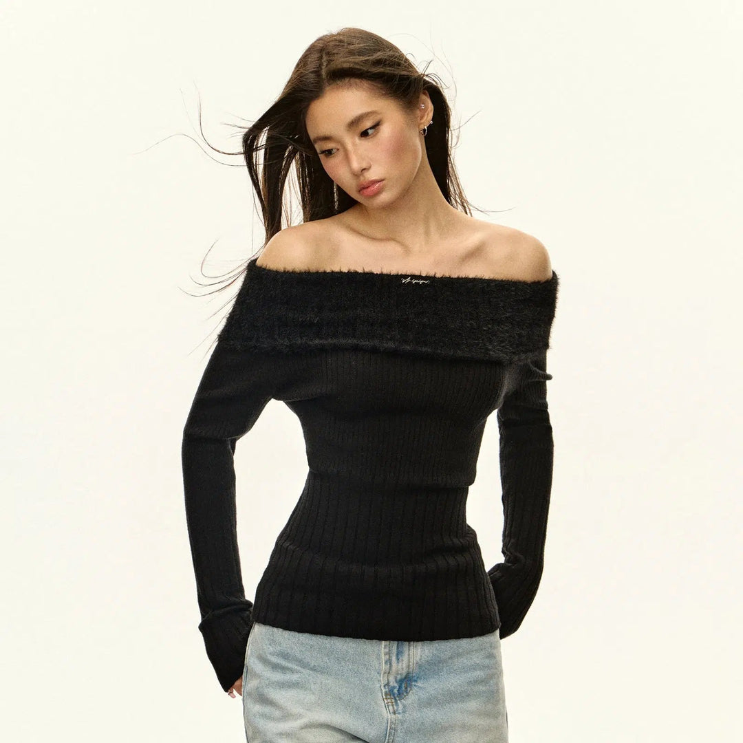 Chic Off-the-Shoulder Ribbed Knit Sweater