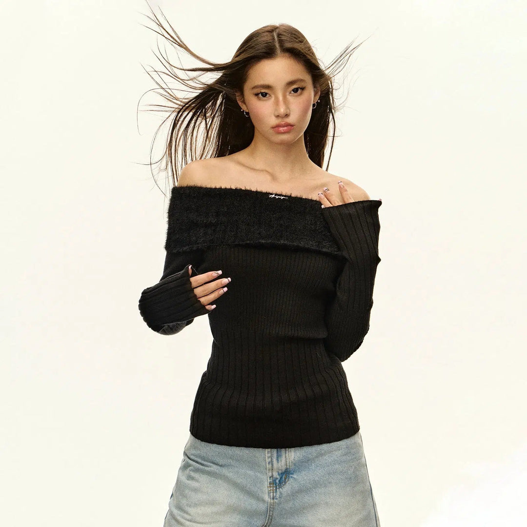 Chic Off-the-Shoulder Ribbed Knit Sweater