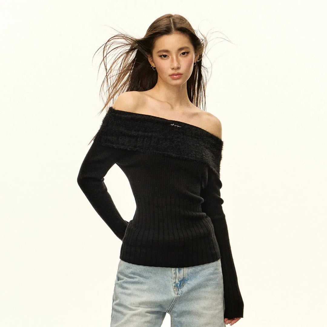 Chic Off-the-Shoulder Ribbed Knit Sweater