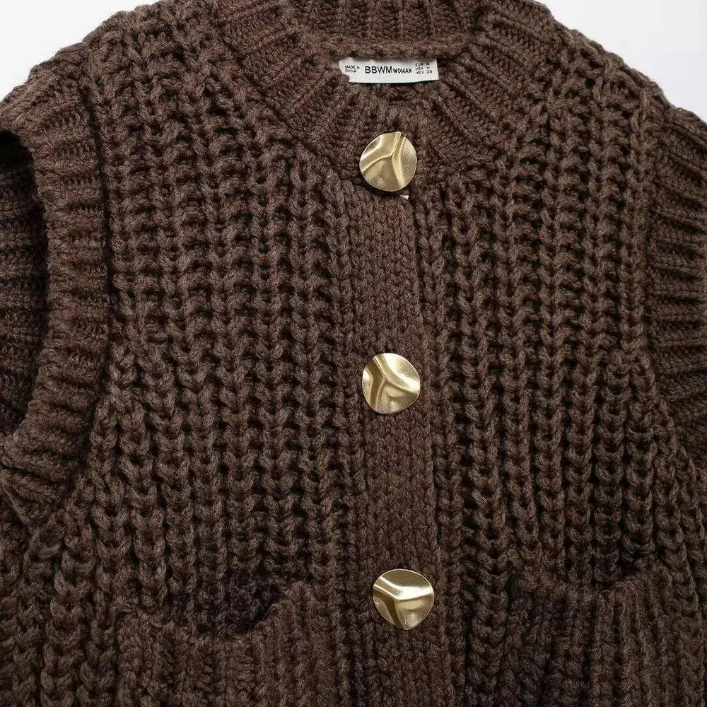 Chunky Knit Button-Up Pockets Vest