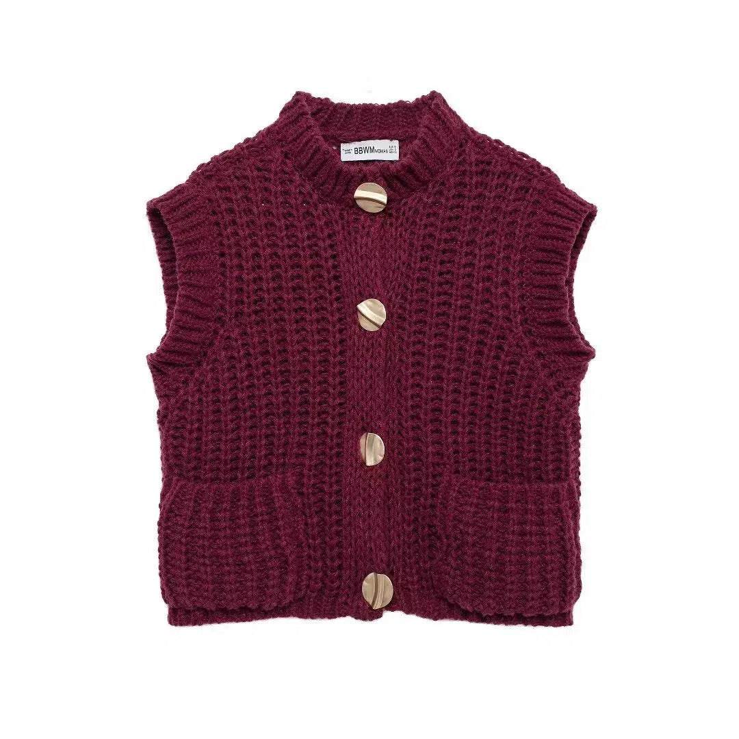 Chunky Knit Button-Up Pockets Vest